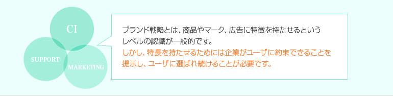 ブランド戦略とは、商品やマーク、広告に特徴を持たせるというレベルの認識が一般的です。しかし、特徴を持たせるためには企業がユーザに約束できることを提示し、ユーザに選ばれ続けることが必要です。