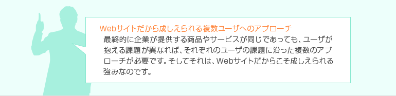 Webサイトだから成しえられる複数ユーザへのアプローチ 最終的に企業が提供する商品やサービスが同じであっても、ユーザが抱える課題が異なれば、それぞれのユーザの課題に沿った複数のアプローチが必要です。そしてそれは、Webサイトだからこそ成しえられる強みなのです。