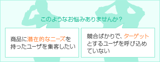 このようなお悩みありませんか? 商品に潜在的なニーズを持ったユーザを集客したい 競合ばかりで、ターゲットとするユーザを呼び込めていない